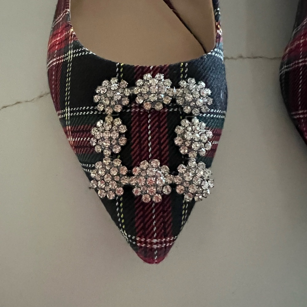 Karl Lagerfeld Black and Red Plaid Heels with Embellishments - Picture 3 of 6